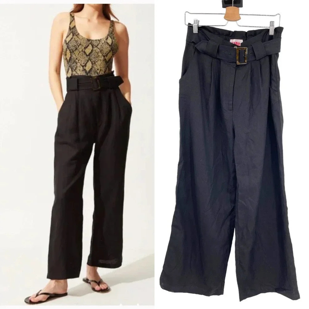 SOLID &‎ STRIPED Belted High Waist Wide Leg Pants In Black Linen Size Large